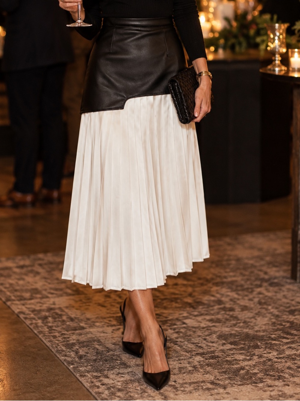 🔹 COMMENSE Faux Leather & Pleated Midi Skirt Black White Size Small